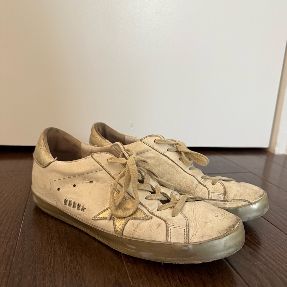 Golden Goose White & Gold Distressed Sneakers